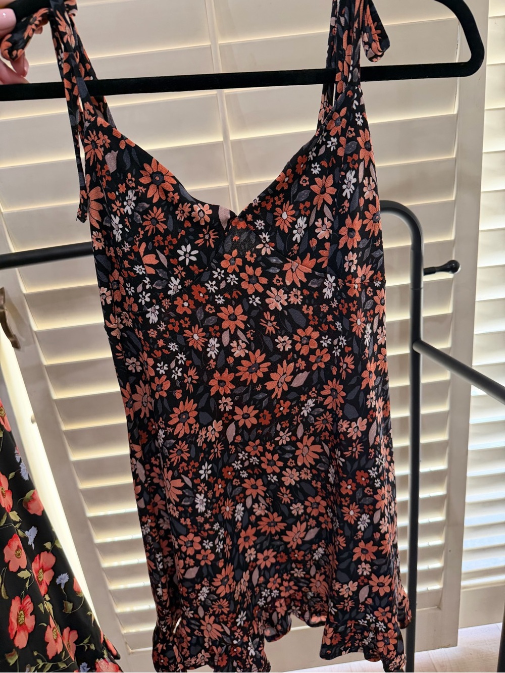 Floral Tie-Shoulder Mini Dress in Black and Coral